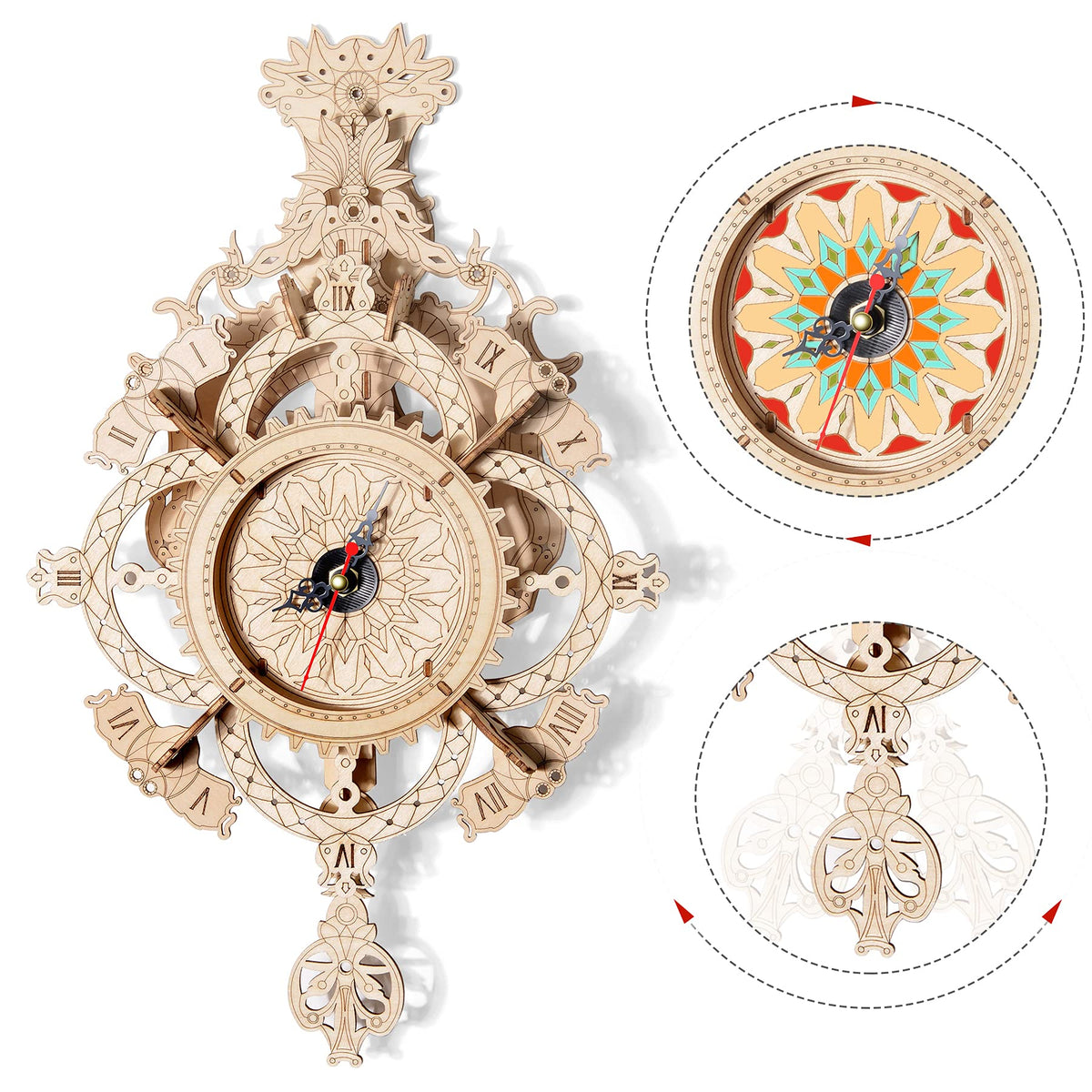 3D Wooden Puzzle Clock Kit DIY Mechanical Wall Clock Hanging Pendulum Gift for Adults & Teens