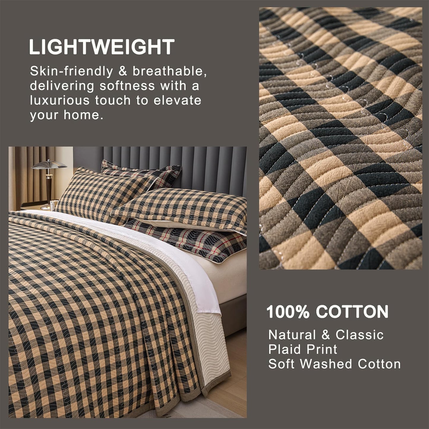 tohrisa Cotton Plaid Quilt Set, Ultra Soft 3 Pieces Queen Size Bedding with 2 Pillow Shams, Lightweight Reversible Coverlet Bedspread with Wave Quilting for Summer, 90"x96", Grid- Dark Green