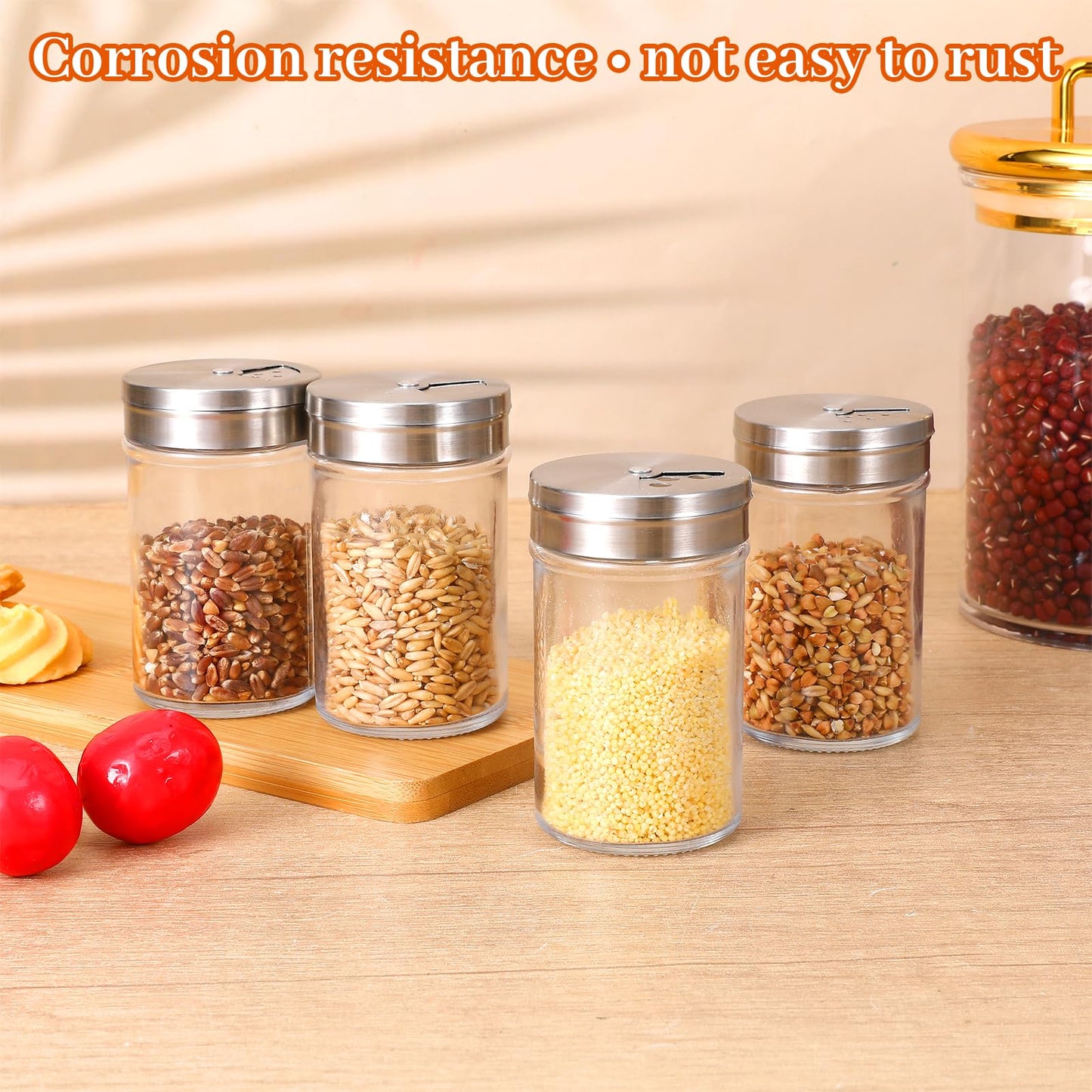 MAQUITA 12 Pcs Glass Salt Shaker with Lid & Seasoning Shakers Set, Adjustable Pour Holes Stainless Steel Spice Dispensers for Kitchen, Restaurant, BBQ, Dining Table, Farmhouse (6 Oz)