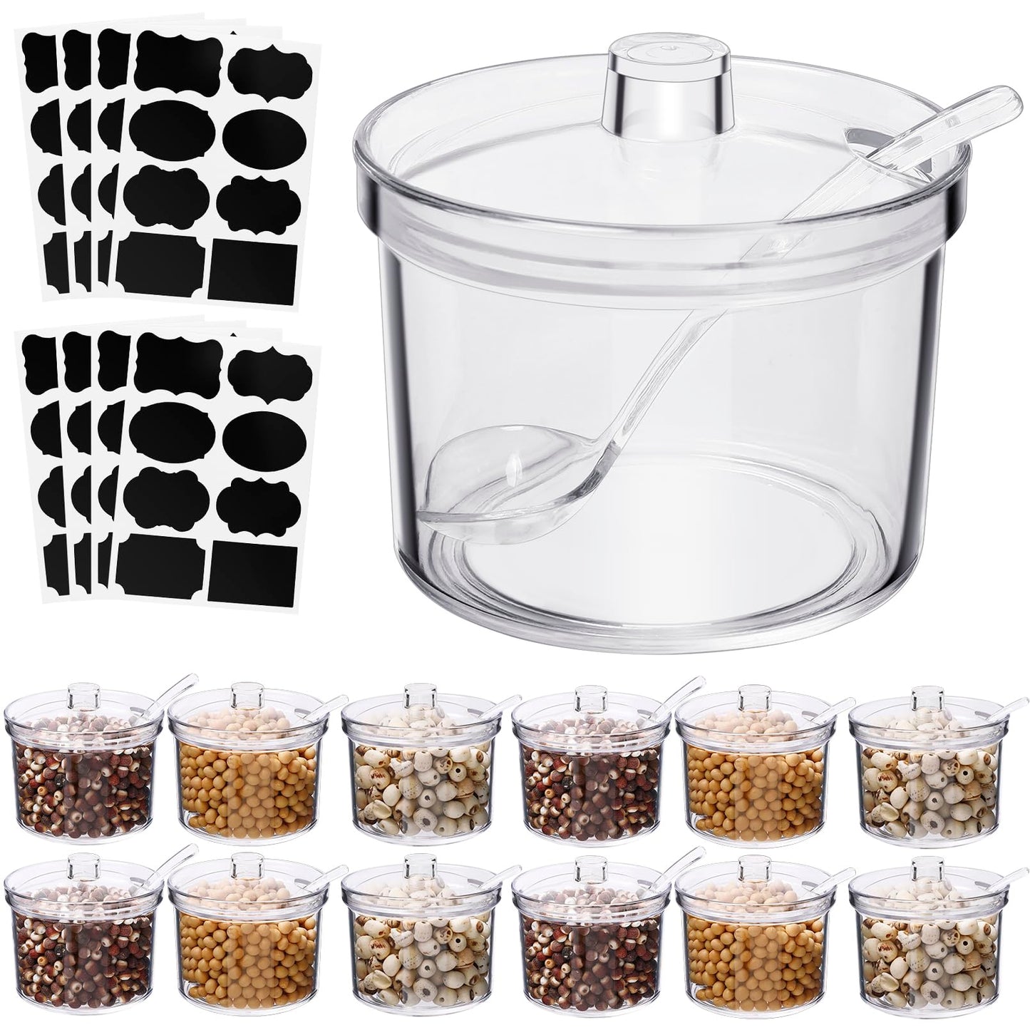 COCPOK 12 Pack Clear Sugar Bowls, 7.1 oz Acrylic Sugar Containers with Lids and Spoons with Tag, Dispenser Salt Bowl for Countertop, Toppings Containers for Serving Condimen Salt Tea Coffee Spices