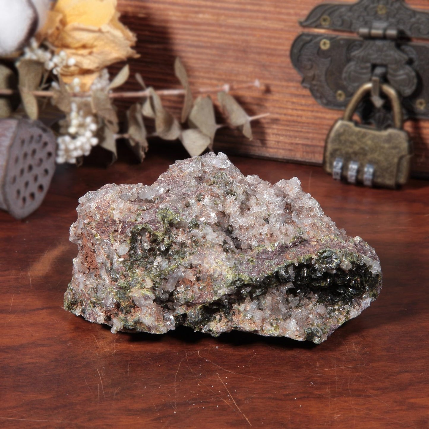 SUNYIK Natural Epidote Stone Geode Cluster, Rough Raw Crystal Rocks Mineral Specimen for Reiki Healing Home Decoration, 300-399g