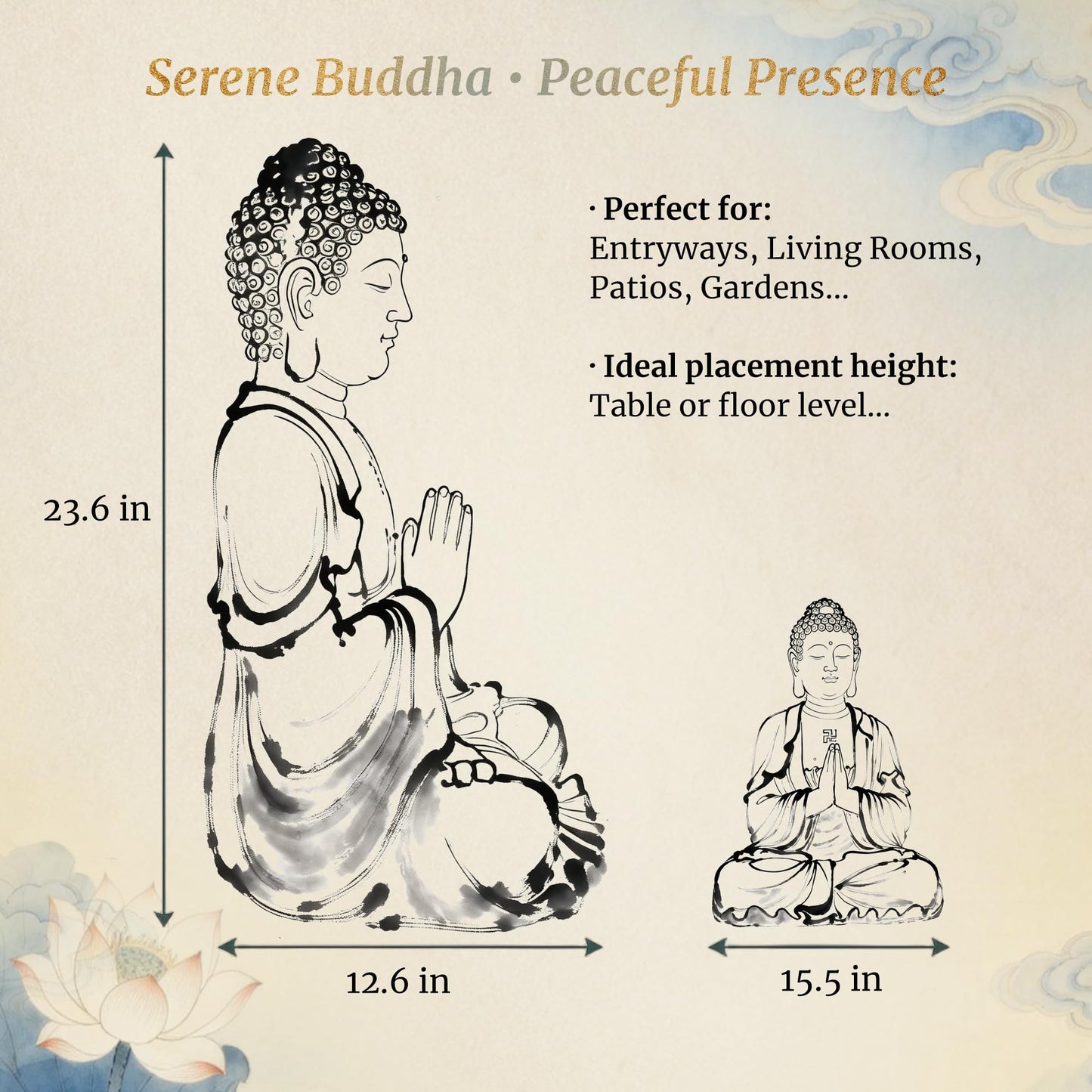 Greens Word Sculptures Buddha Statue, Garden Statues 23.6 Inch Tall, Large Magnesium Oxide Buddha Sculpture Indoor & Outdoor, Statue for Home Decor Yard Porch Patio, Dark Gray with Gold Accents