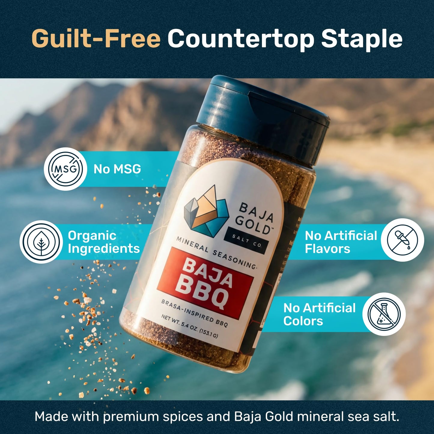 Baja Gold BBQ Seasoning, Smoky Barbecue Rub Blend with Paprika Cane Sugar Black Pepper and Mineral Sea Salt, for Ribs Chicken Pork and Burgers, All Purpose Seasoning and Meat Rub, 5.4 Oz