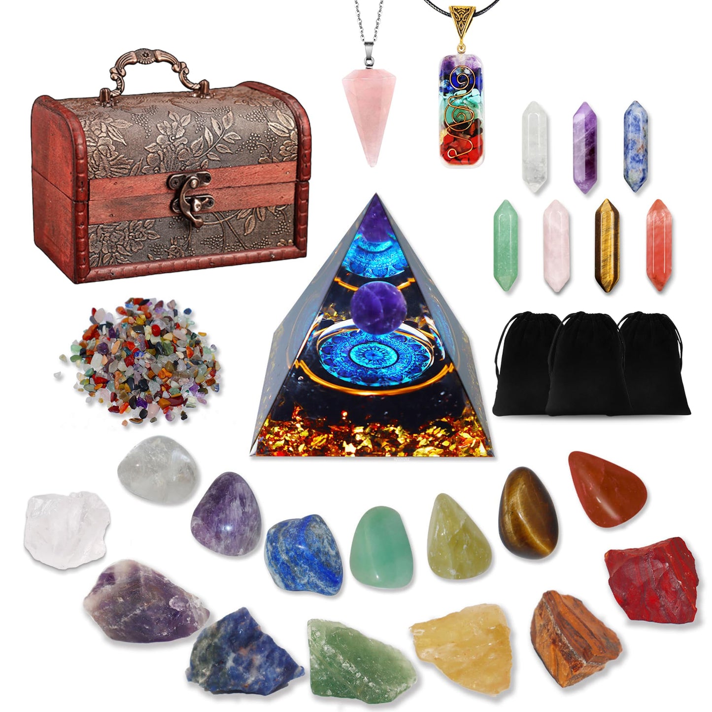 29pcs Healing Crystals Set, Crystals and Healing Stones,7 Raw Chakra Stones,7 Tumbled Stones, 7 Bullet Shaped Chakra Stones, 2 Chakra Necklace, Crystal Pyramid, Crystal Sets for Healing,Crystal Gifts