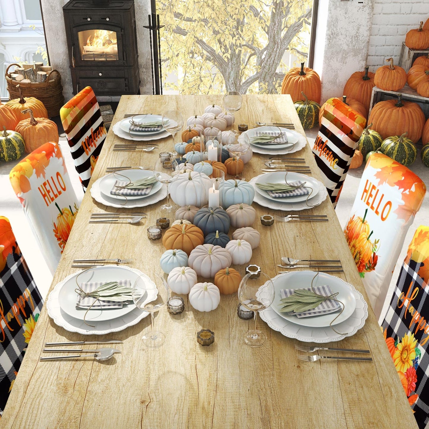 Preboun Fall Chair Covers Set of 6 Thanksgiving Dining Protector Stretch Autumn Pumpkin Truck Maple Leaves Slipcovers Removable Washable for Dining Hotel Party Wedding