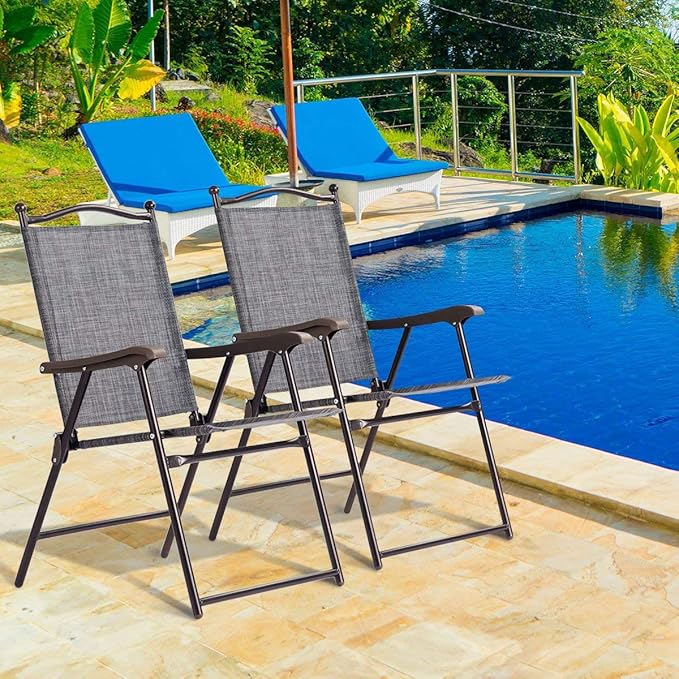 Giantex Set of 2 Patio Folding Chairs, Outdoor Patio Dining Chairs w/Armrest, Sling Back, Metal Frame, Outside Use for Lawn Camping Garden Pool Beach Yard Lounge, No Assembly, Grey