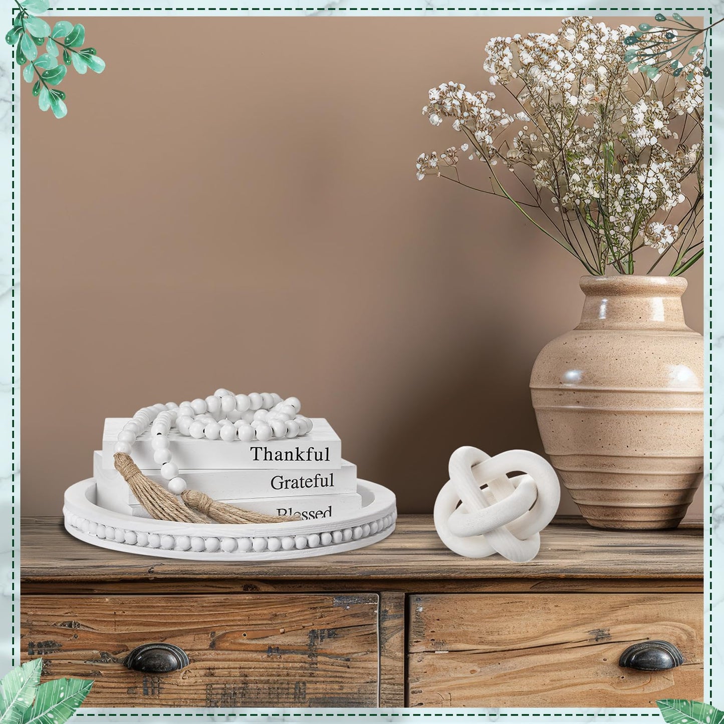 GlikCeil 6 Pcs Rustic Wooden Coffee Table Tray Decoration Set, Round Beaded Tray Wood Chain Bead Garland with Tassels and 3 Decorative Books for Farmhouse Living Room Home Decor(Thankful,White)