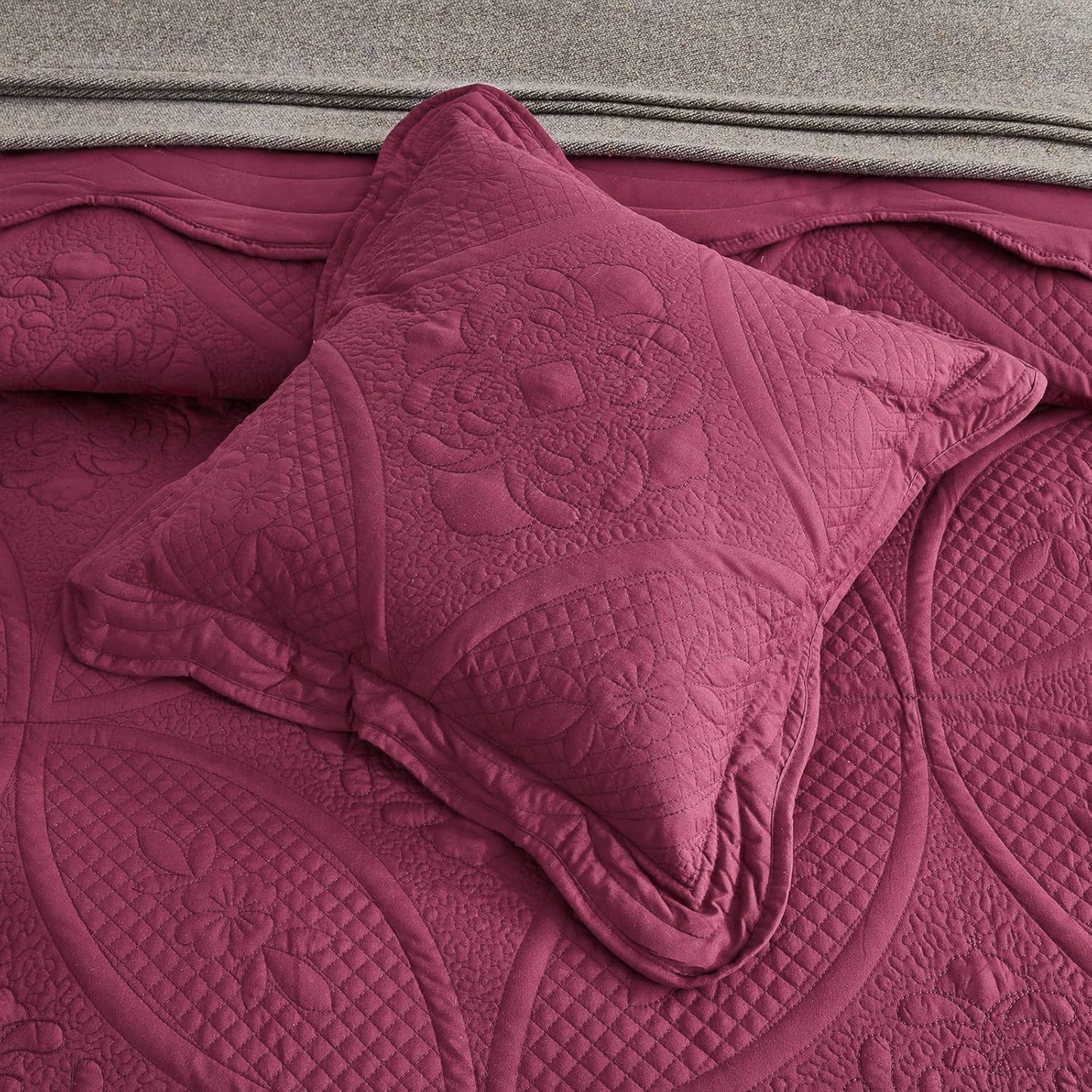 DaisyHuang Bedspread - Full Size Bedding Cover - Modern & Contemporary Coverlet Set, Real Stitching, Reversible, Lightweight, 5 Piece, Burgundy