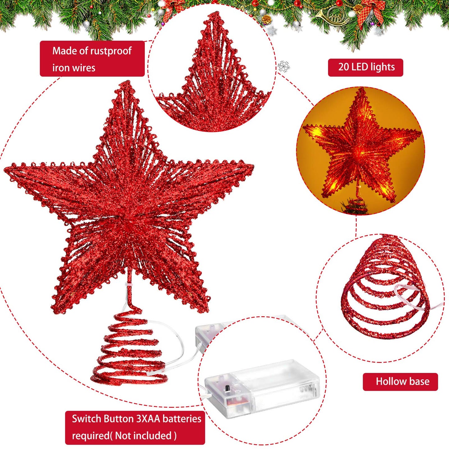 Aoriher 20 Light 10 Inches Christmas Star Tree Toppers Battery Operated Tree Topper with 20 Mini LED Lights for Christmas Holiday Seasonal Decoration (Red)