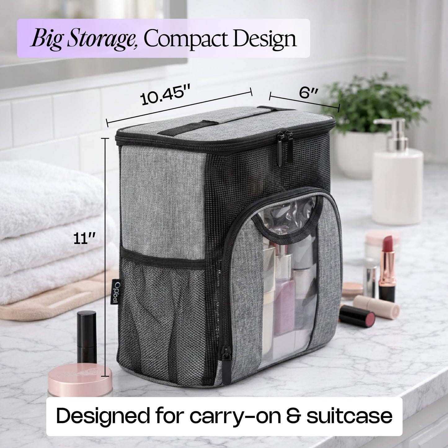 Opaal 11” Tall Vertical Makeup Organizer Bag – Professional Hairstylist Travel Bag for Hair Tools & Hairspray – Large Standing Waterproof Cosmetology Case for Full-Size Toiletries & Bottles