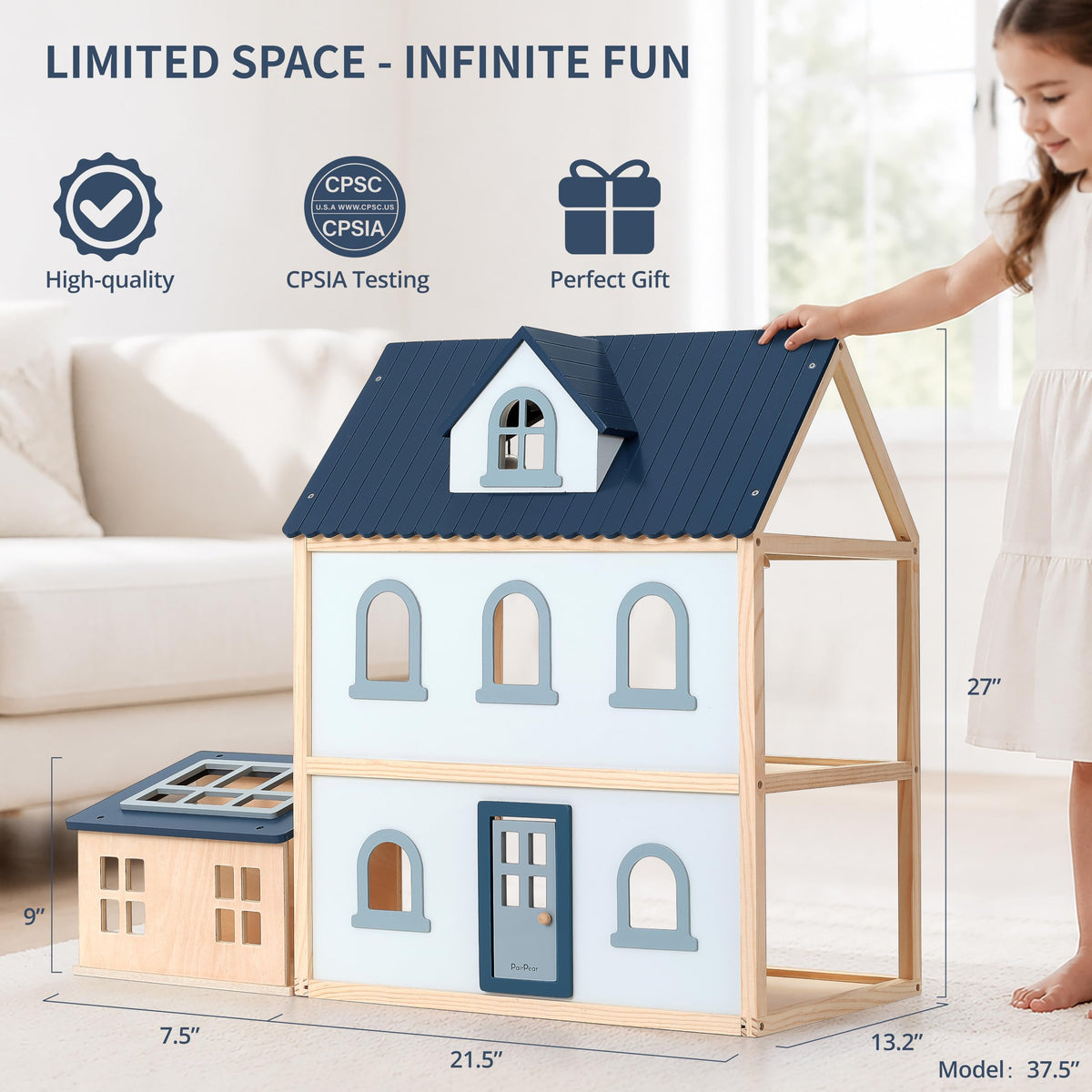 PairPear Large Wooden Dollhouse with Furnitures, Pretend Doll House Toys