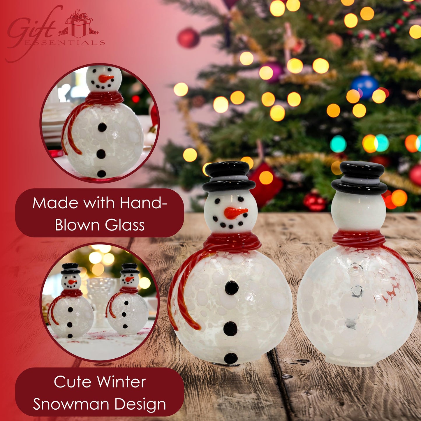 Gift Essentials Blown Glass Snowmen Salt and Pepper Shakers - Hand Blown Glass Collectible Christmas Salt and Pepper Shaker Set