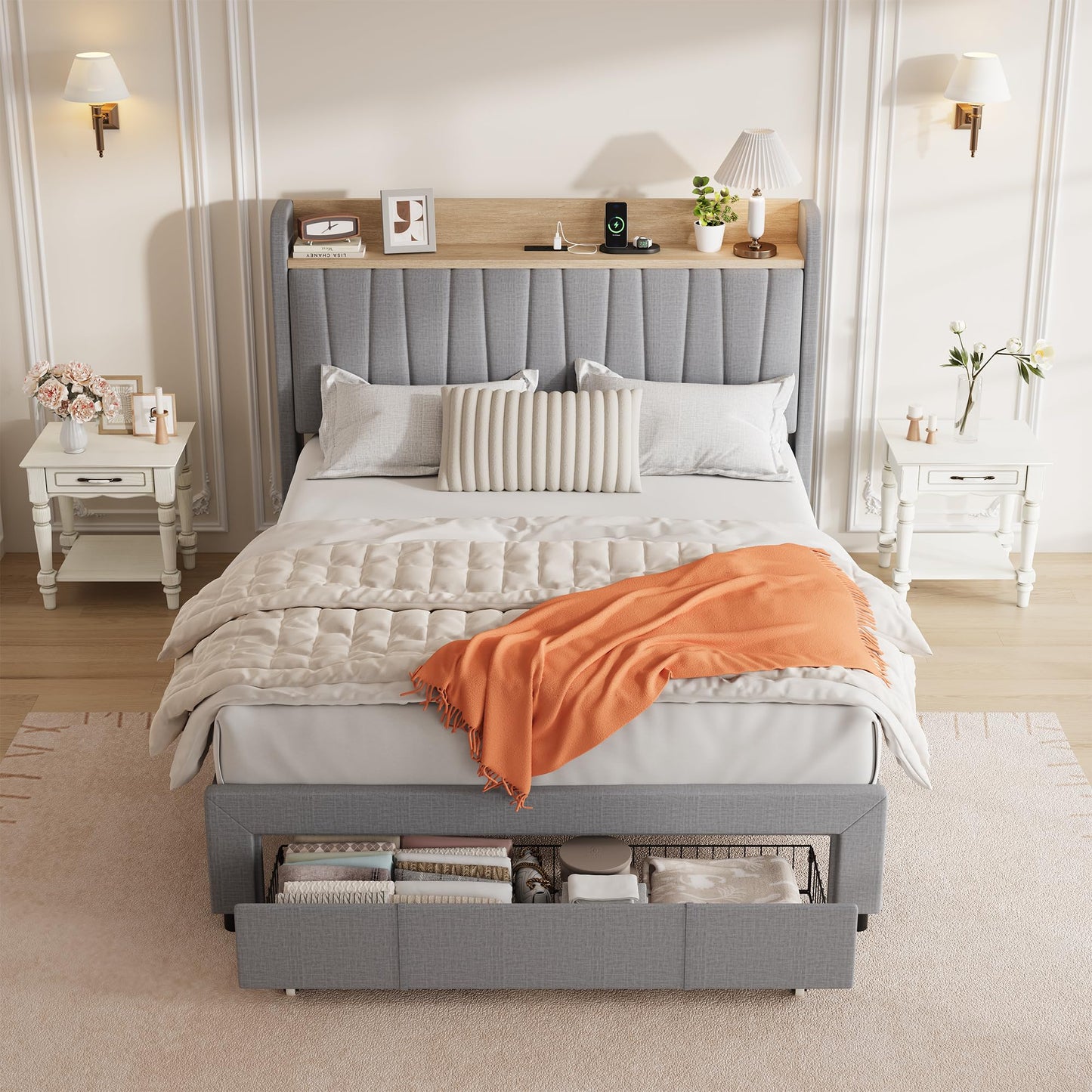 Garvee Queen Upholstered Platform Bed Frame with Storage Headboard, Drawers, Built-in Charging Station, Sturdy & Noise-Free, No Box Spring Needed, Easy Assembly, Grey