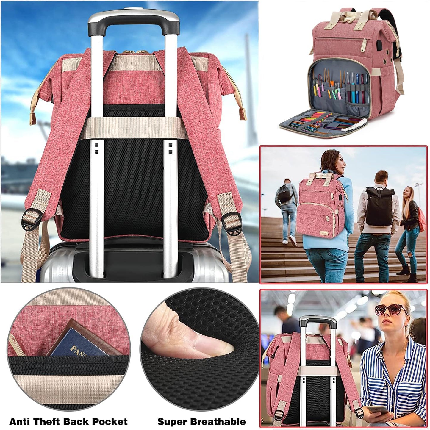 Knitting Bag Backpack,Yarn Storage Organizer Travel Crochet Bag with USB Charging Port,Large Capacity Yarn Storage Tote Bag Yarn Holder Case for Carrying Projects, Knitting Needles, Crochet Hooks Pink