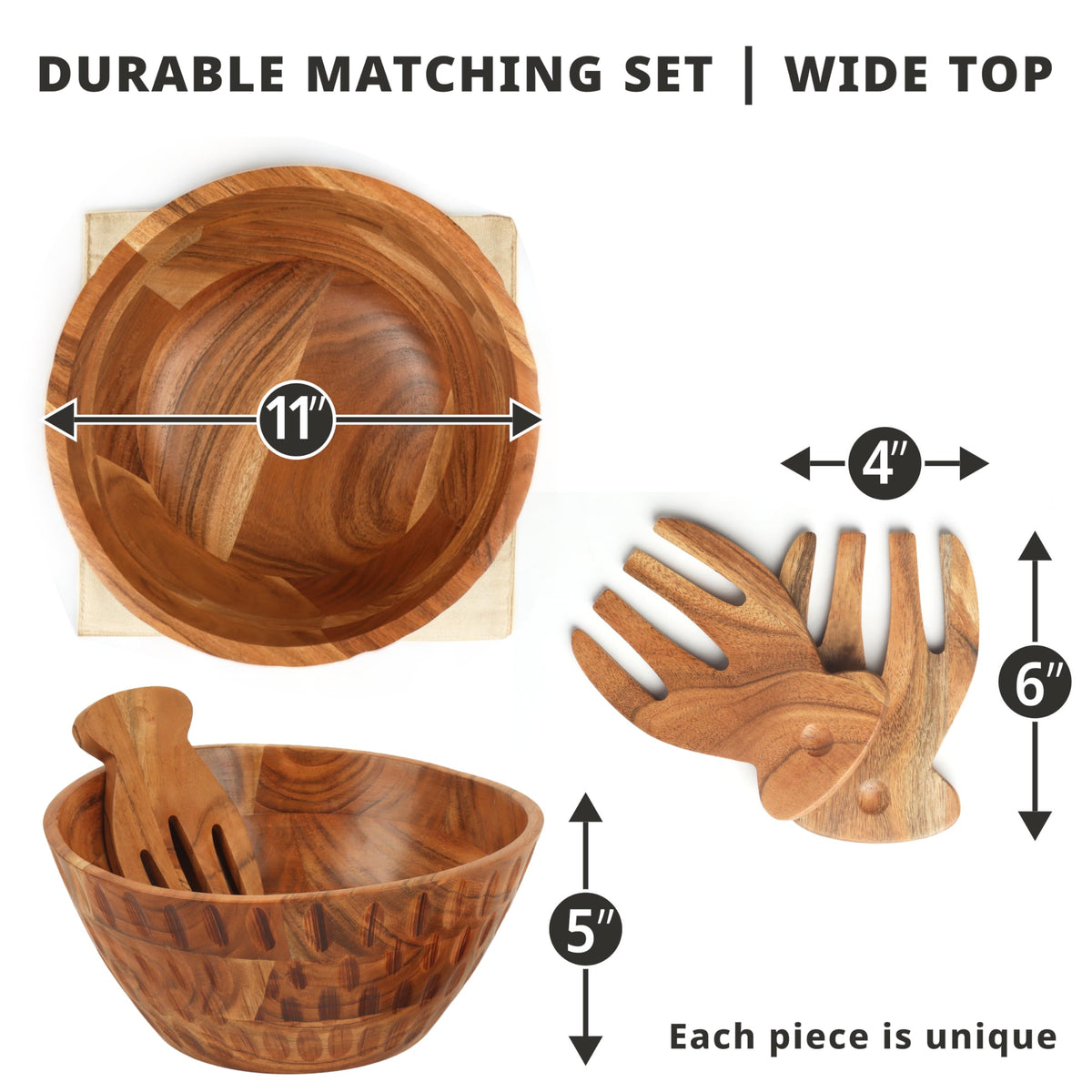 Culina Craftique 11" Wooden Salad Bowl Set — Bundle with 12.2" Chip and Dip Serving Platter — Durable Hosting Essential For Home — Ideal Gift — Includes Serving Utensils and 2 Ceramic Bowls
