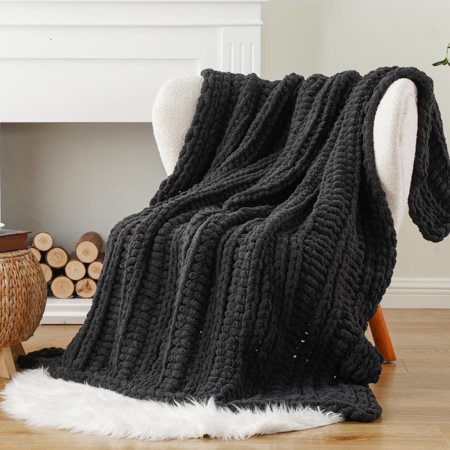 Battilo Chunky Knit Throw Blanket for Couch, Hand Made Chenille Throw Blanket, Super Soft Warm Cozy Charcoal Blanket for Bed, Sofa, Living Room, 50"x60"