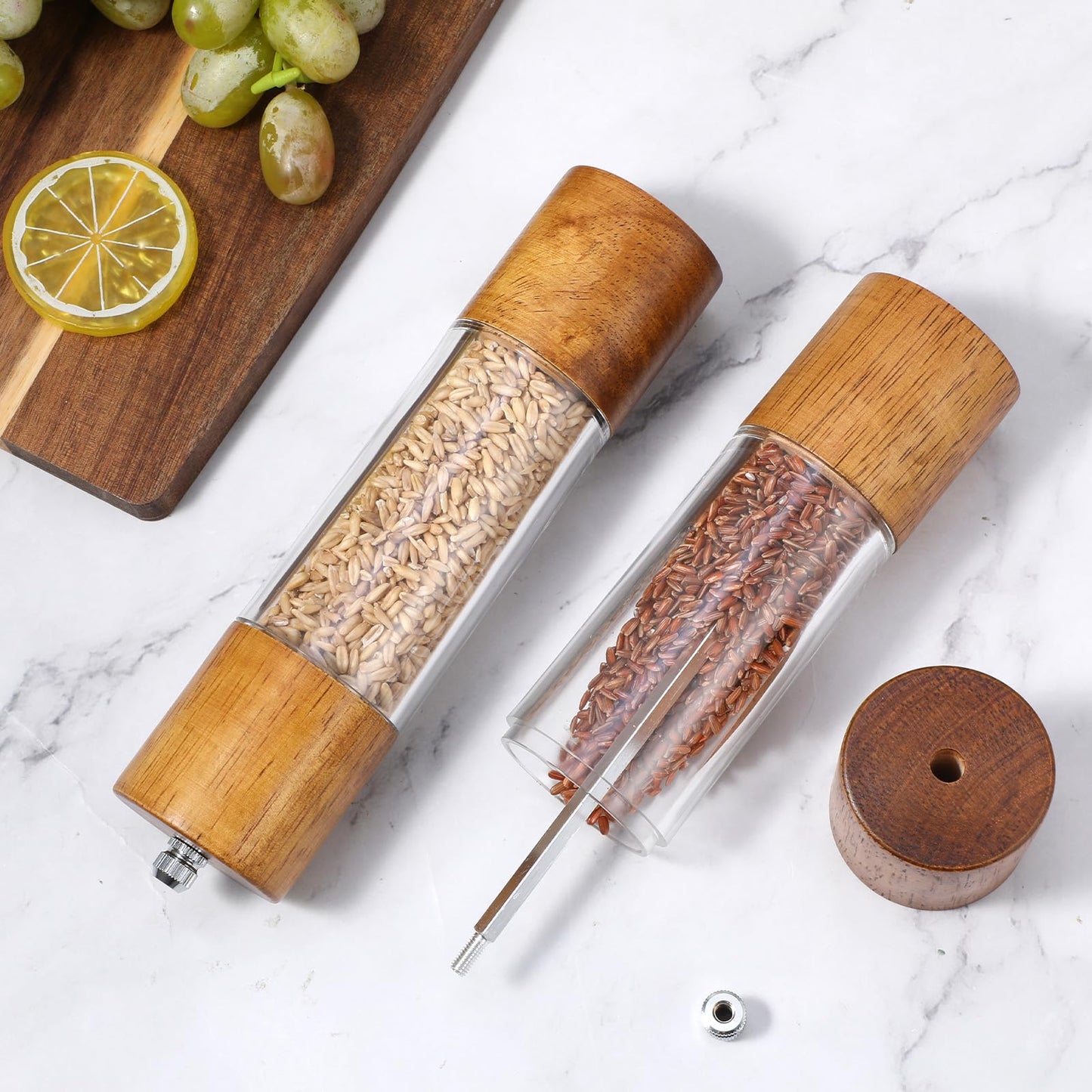 KongTiva 2 Pack 8 Inch Premium Acrylic Salt and Pepper Grinder Set, Manual Salt and Pepper Mills Wooden Shakers with Adjustable Coarseness Ceramic Core