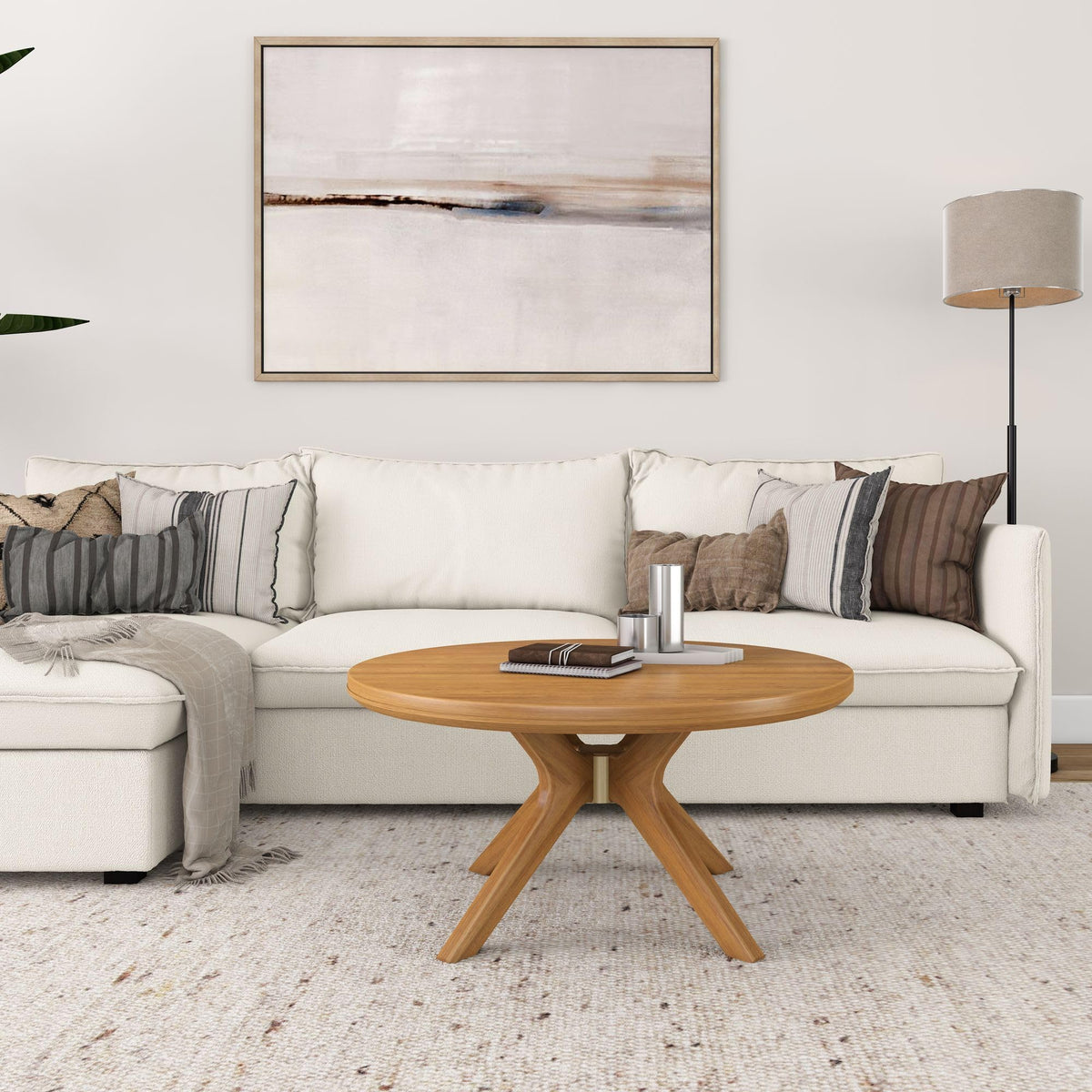 Plank+Beam Verso Round Coffee Table, 36 Inch Cross Leg Coffee Table, Modern Mini Center Tables for Small Spaces, Small Living Space Tea Table, Pecan