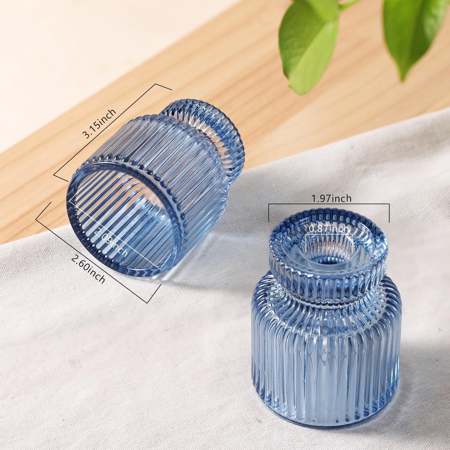 DARJEN 6 Pcs Blue Glass Candlestick Holders with Vertical Stripes - Irregular Shaped, Dual-Use for Taper Candles & Votive/Tea Lights, Candle Holders for Dining Table, Wedding, Party, Home, Gifts