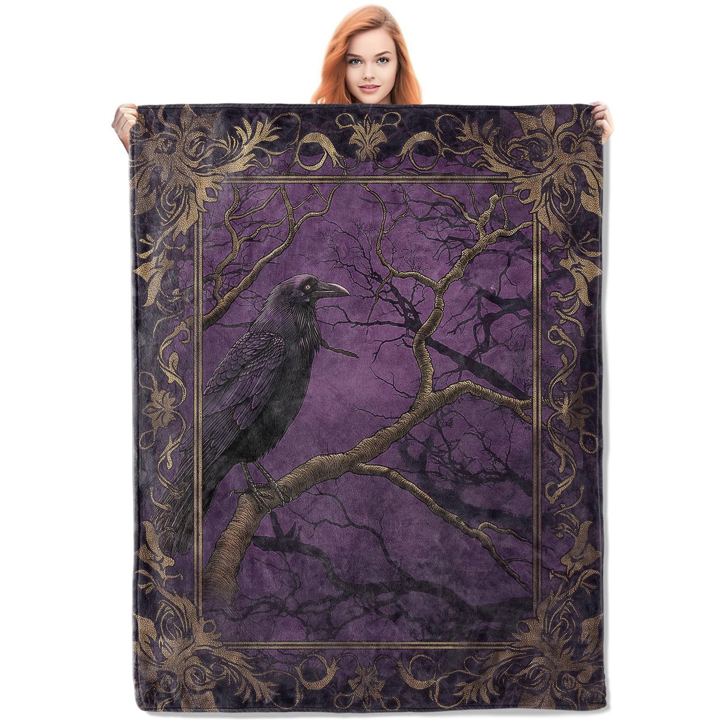 VANZEV Gothic Raven Fleece Blanket Gifts for Adults and Teens, Dark Fantasy Art Cozy Throw Blanket, Soft Warm Plush Blanket with Intricate Frame Design for Home Halloween Decor, 50x60 inches