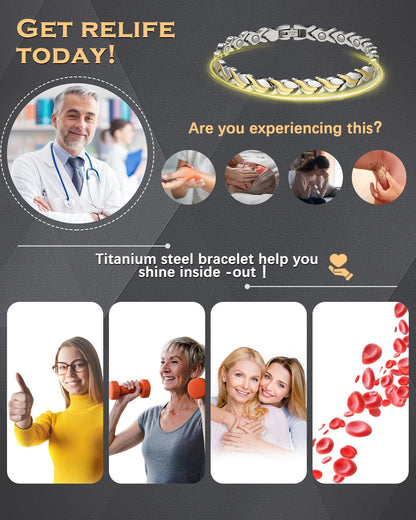 Jeracol Magnetic Bracelets for Women,Titanium Steel Ladies Magnetic Bracelets,Adjustable Wristband include sizing tool in Gift Box(Fish Tail Design-Silver Gold)