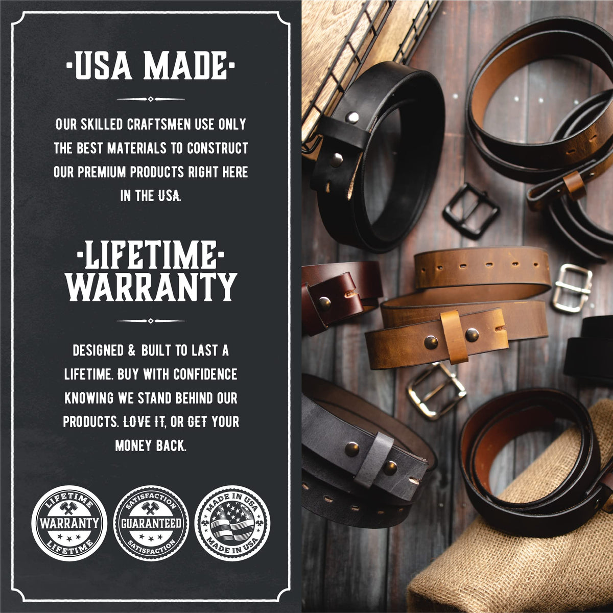 Main Street Forge No Buckle Belt | Made in USA Mens Cowboy Belt | 1 1/2" Leather Belt Strap | Bootlegger Brown 36