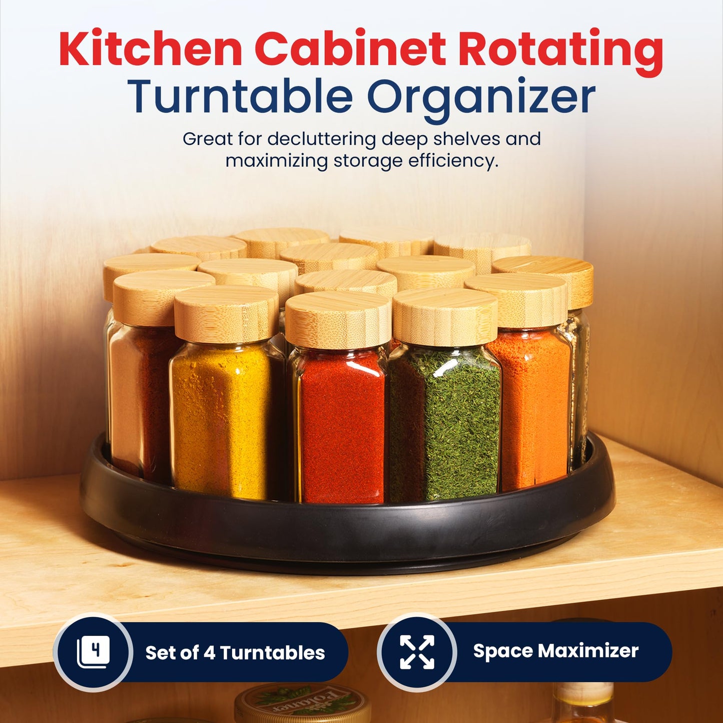 Oizeir 10 Inch Lazy Susan (Set of 4) - Non-Skid Turntable for Cabinet to Maximize Storage and Simplify Accessibility in Kitchen, Bathroom, and Pantry Spaces (Black)