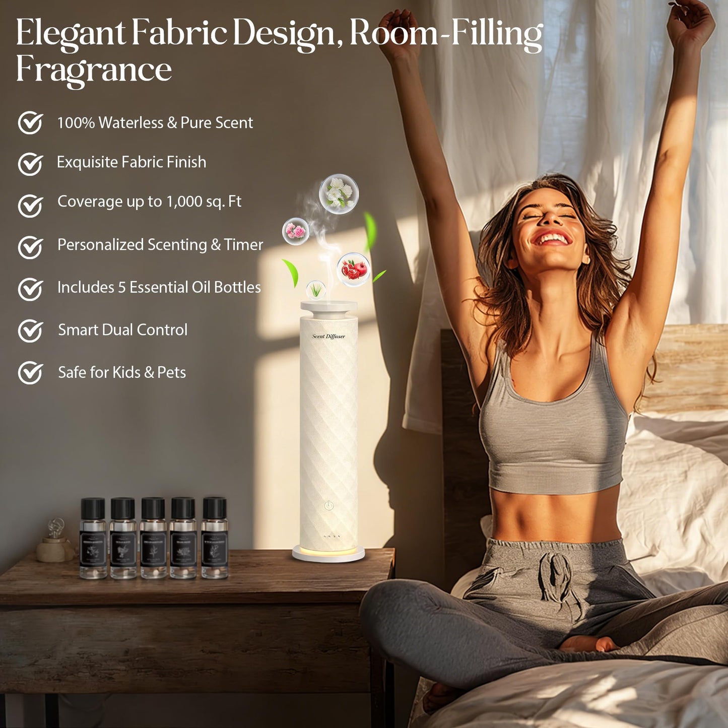 Waterless Scent Diffuser Starter Kit with 5 Oils, Hotel Cold Air Diffuser Oil Machine for Home, 1000 Sq Ft Coverage Boho Diffuser, Quiet Nebulizing Aromatherapy with Remote, Tower Fabric Design, Cream