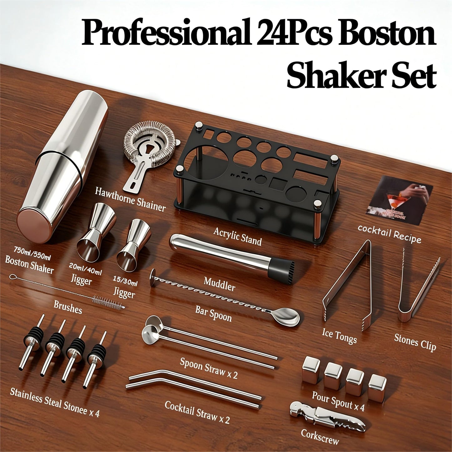EffiQ-Rate 24 Piece Professional Boston Shaker for Cocktails, Stainless Steel Bar Kits for Bartender with Acrylic Stand, All Essential Bar Tools for Home, Party, Mixing Drinks, Silver