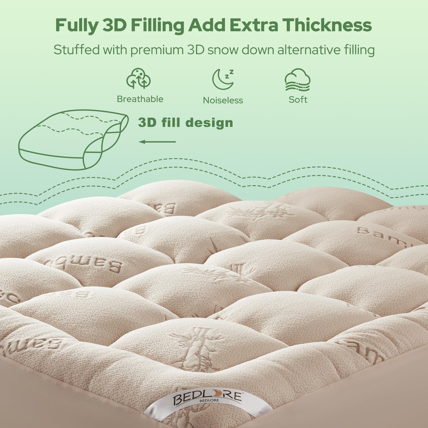 BEDLORE King Mattress Topper Viscose Derived from Bamboo, Thick Pillow Top Mattress Pad with Stretchable Pockets for 6"-18" Mattress, Soft Breathable Mattress Topper for Back Pain Relief(Beige)