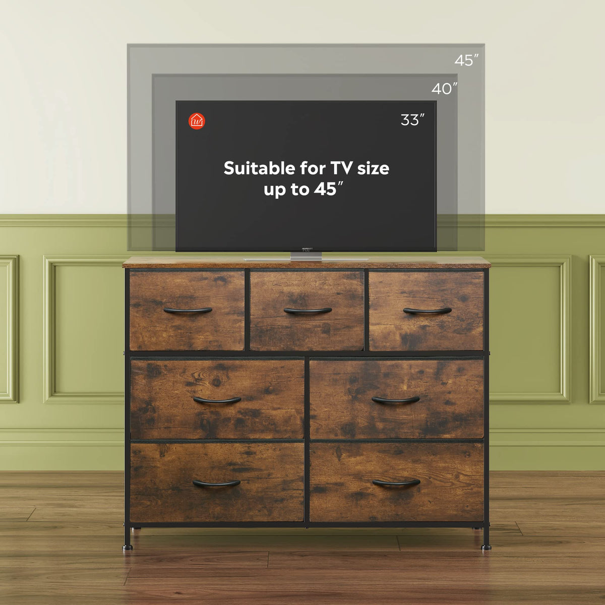 WLIVE 7 Drawer Dresser TV Stand, Entertainment Center, Media Console Table with Metal Frame and Wood Top for TV up to 45 inch, Chest of Drawers for Bedroom, Living Room, Rustic Brown Wood Grain Print
