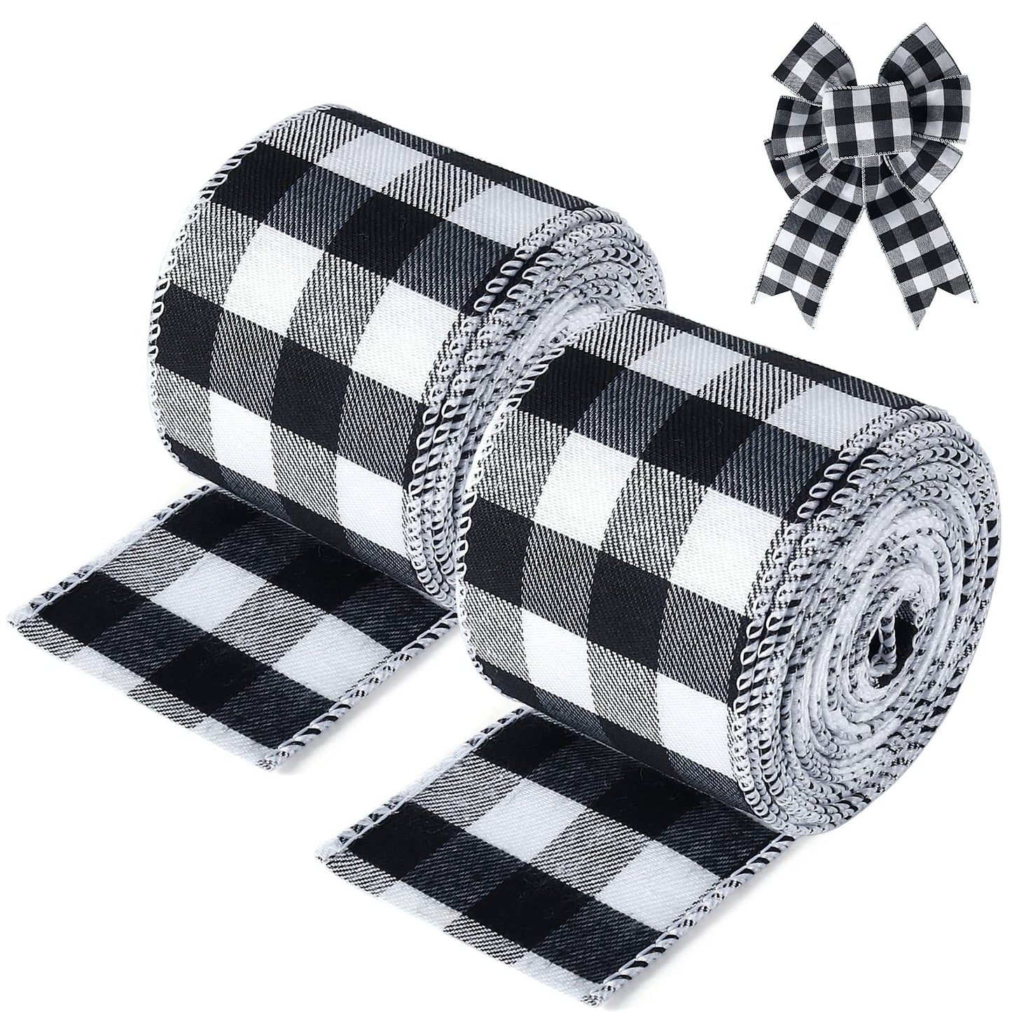 19.6 Yard 2.5 inch Wide Buffalo Plaid Ribbons Wired Edges, 2 Rolls Black and White Checkered Ribbon for Christmas Tree Gift Decorations