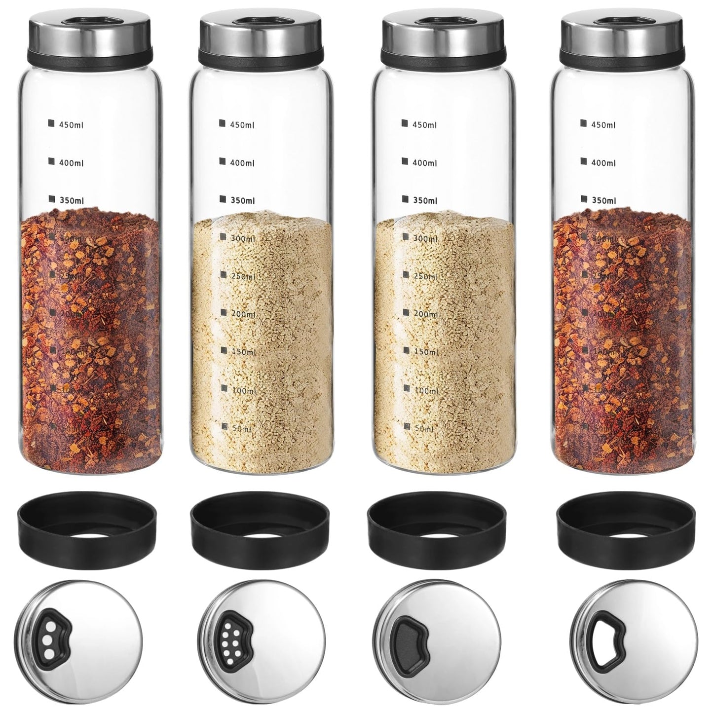 4 Pcs Salt & Pepper Shakers, Large Glass Spice Jars with Adjustable Pour Holes, Spice Dispensers with Non-skid Silicone Bases, Seasoning Jars with Rotating Steel Lids for Kitchen(500ml)
