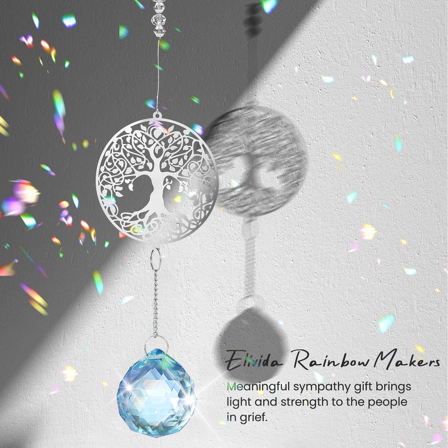 Elivida Modern Sympathy Grief Gift for Loss of Loved Ones, Memorial Suncatcher, Crystal Bereavement Gift Idea, Tree of Life Design Rainbow Maker for Miscarriage, Remembrance, Blue