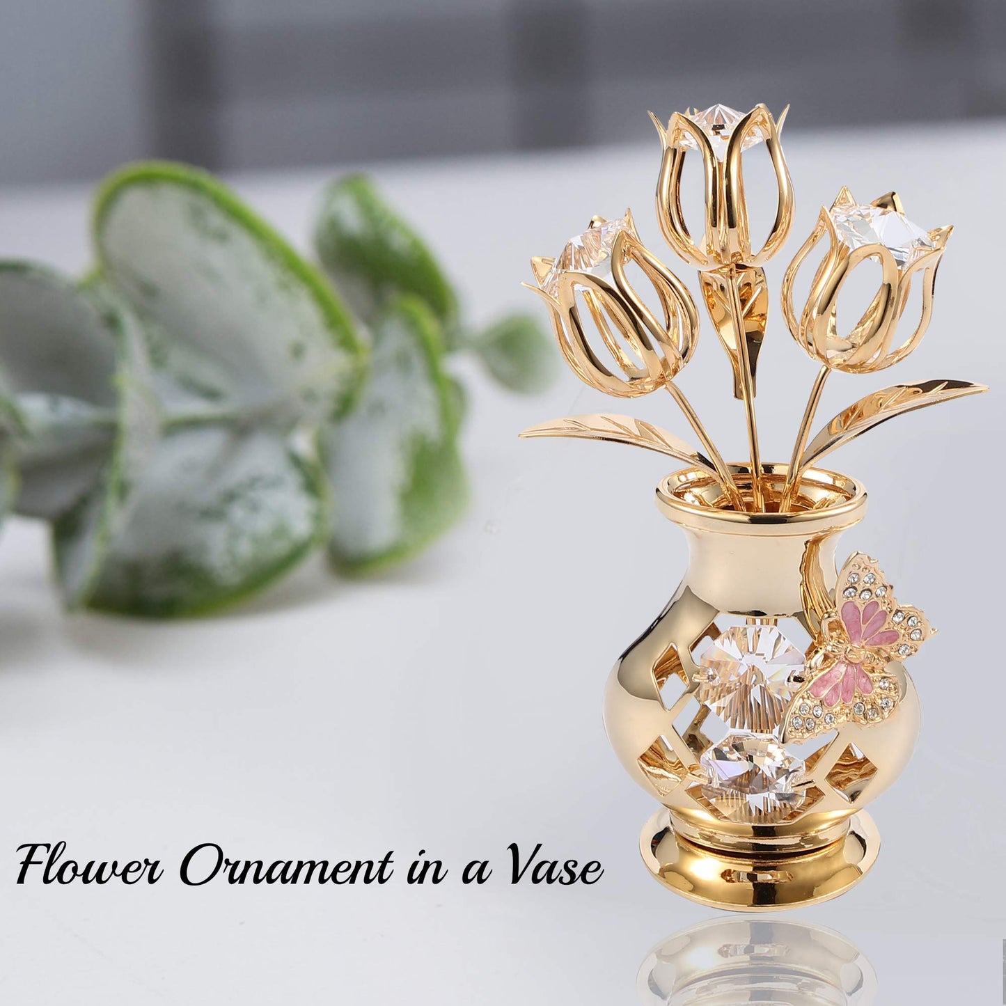 Matashi 24K Gold Plated Crystal Flower Figurine with Clear Crystals & Butterfly – Luxury Decorative Tulip Statue, Elegant Tabletop Home Décor, for Mother's Day, Valentine's Day, Christmas
