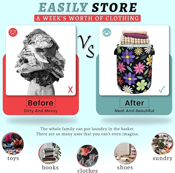 Colorful Hippie Flower Laundry Basket Art Flowers Foldable Funny Laundry Hamper