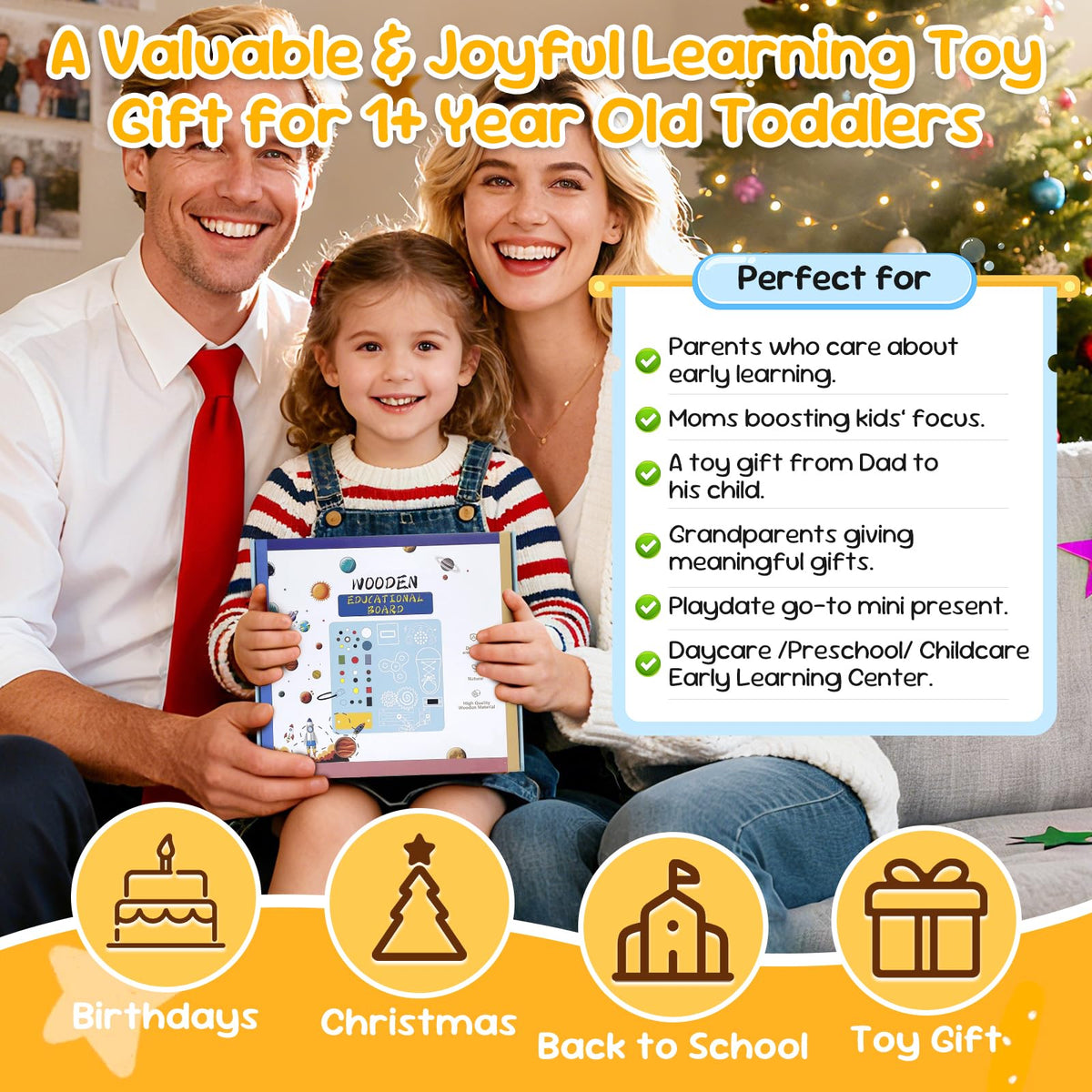 Wooden Busy Board with LED Light Montessori Baby Learning Toys for Toddlers , Sensory Activity Board, Travel Educational Toys, Boy & Girl Birthday Gift (Silver Handle)