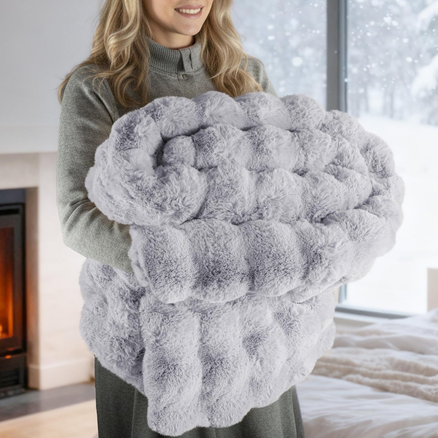 Exclusivo Mezcla Faux Fur Throw Blanket for Couch, Luxury Reversible 3D Rabbit Bubble Fuzzy Thick Sherpa Blankets for Winter, Plush Fleece Warm Cozy Bed Throw, 50x60 Inches, Light Grey