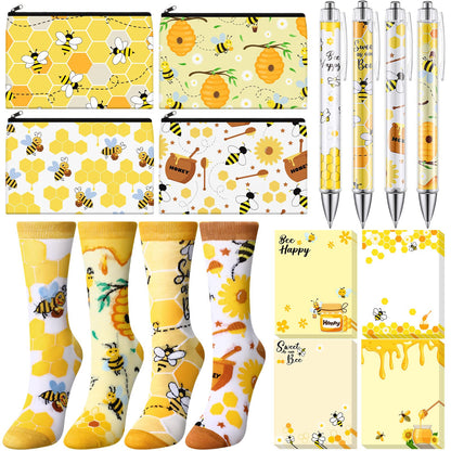 Dispowreath 16 Pcs Bee Lover Gifts for Women:Cute Bee 3"x4" Sticky Notepads Pens Makeup Bags Socks Set for Animals Lover Graduation Birthday Gifts Office Desk Decor