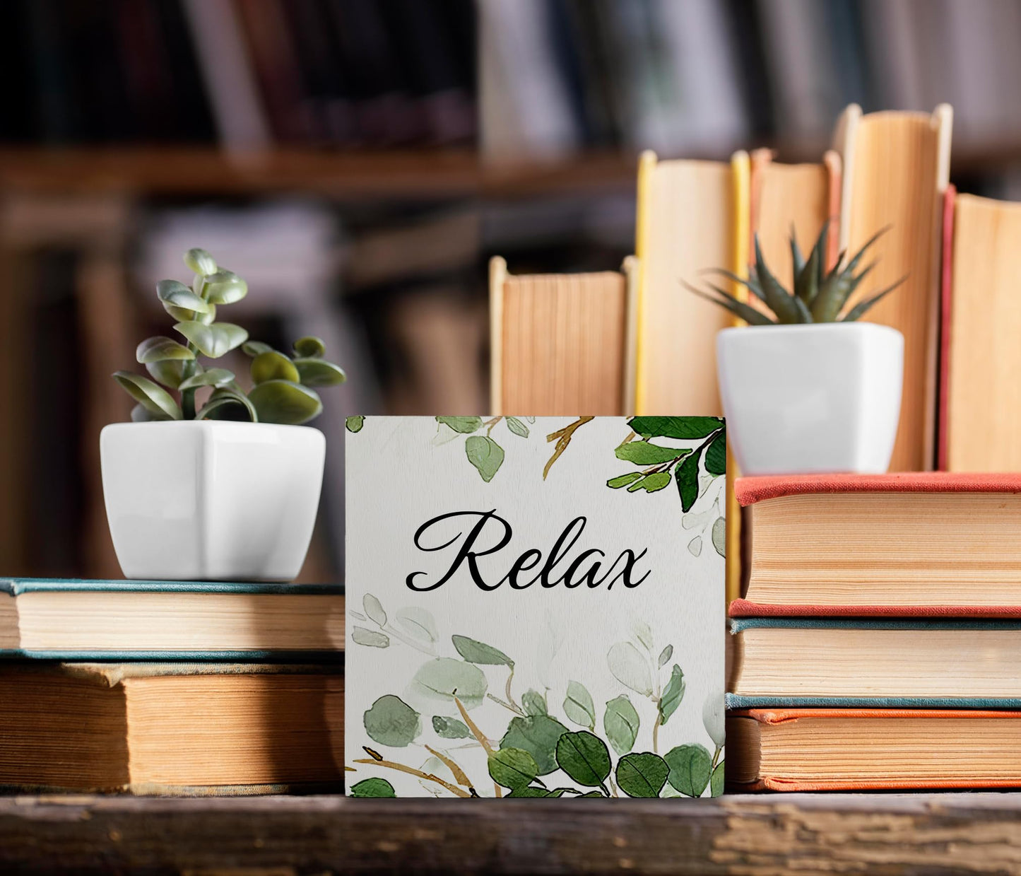 Kunlisa Relax Sage Green Wooden Box Sign, 5x5x1.18 inches, Modern Classic, Flower Theme, Tabletop, Decorative Sign for Bathroom, Workspace