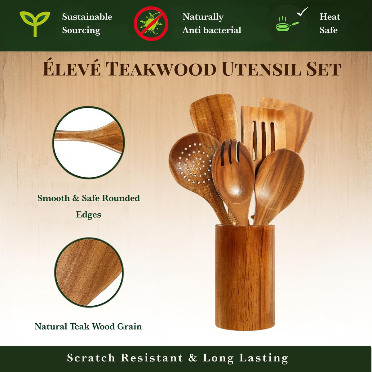 Élevé Natural Teak Wood Cooking & Serving Spoons Set (9-Piece) | Wooden Kitchen Utensils with Holder & Spoon Rest | Non-Stick Safe, Food-Grade, Durable & Elegant Cookware Tools