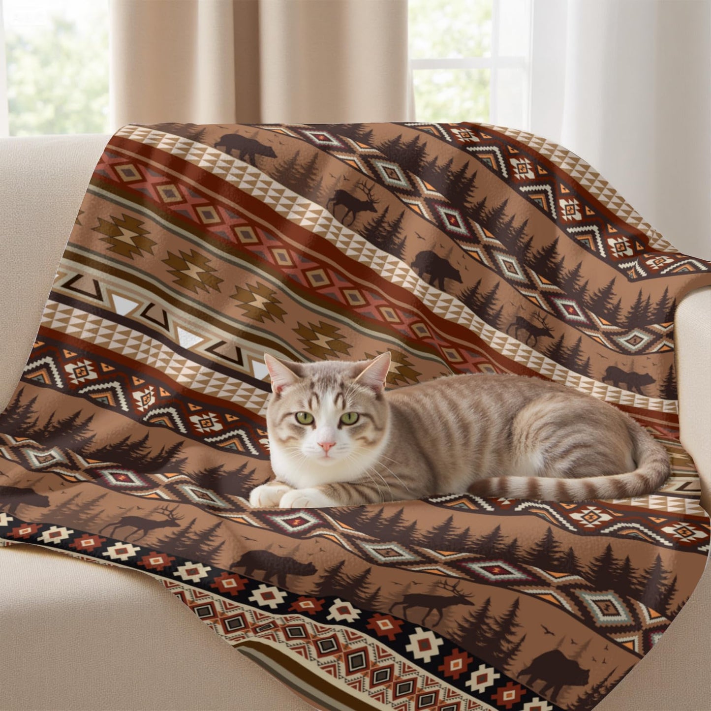 Arktrident Rustic Bear Deer Throw Blanket Boho Ethnic Soft Flannel Bed Blankets Plush Warm Lightweight Couch Cover for Bedroom Living Room 50X60 Inch