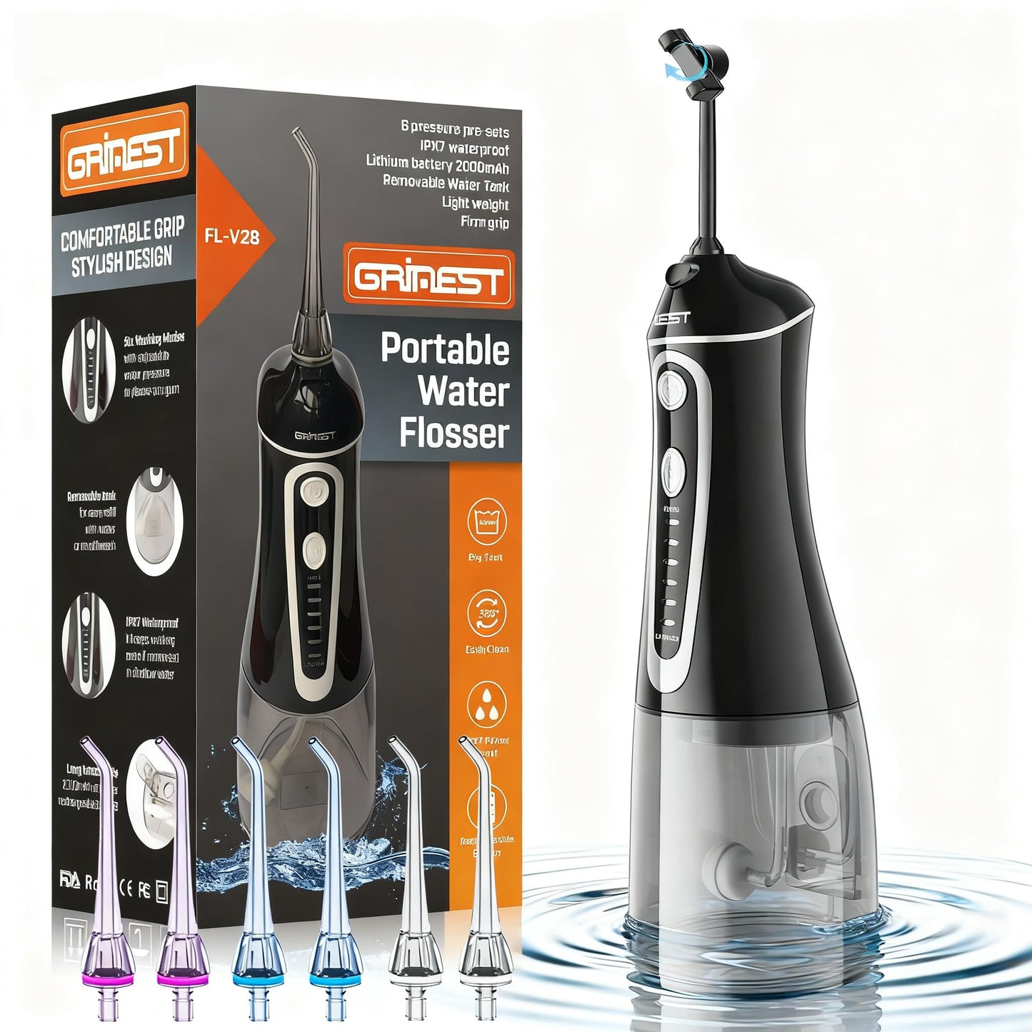 Water Flosser,Water Dental Flosser Pick for Teeth,Grinest 7 Modes Rechargeable Cordless Oral Irrigator Portable IPX7 Waterproof Tooth flossers for Home Travel-Black