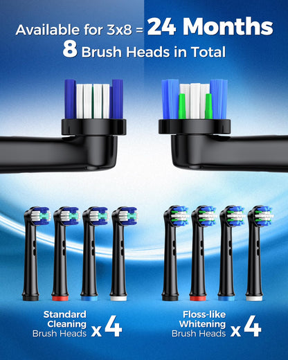 Rotating Electric Toothbrush Case for Adults, 4 Modes Deep Clean Electric Toothbrush with 8 Brush Heads (2 Types), 25-Days Rechargeable Power and 2 Min Smart Timer