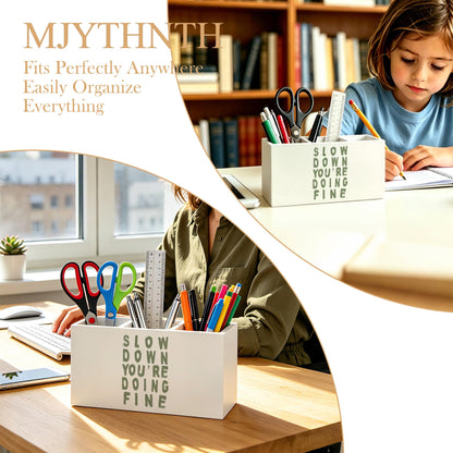 MJYTHNTH Sage Green Inspirational Pencil Pen Holder for Desk, Slow Down You're Doing Fine Motivational Wooden Box Sign Pen Holder Organizer for Home Office Desk Accessories