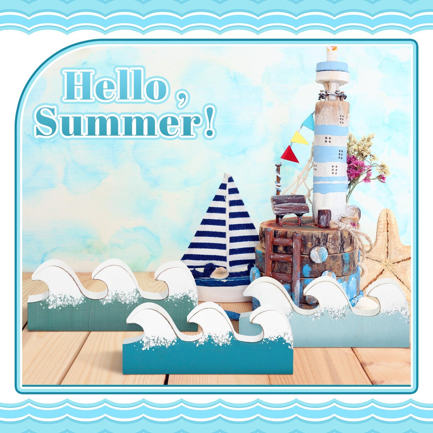 Qunclay 3 Pcs Coastal Table Decor Wooden Waves Ocean Decor Summer Beach Tiered Tray Blue Wave Sign Centerpieces for Table Home Office Bedroom Nursery