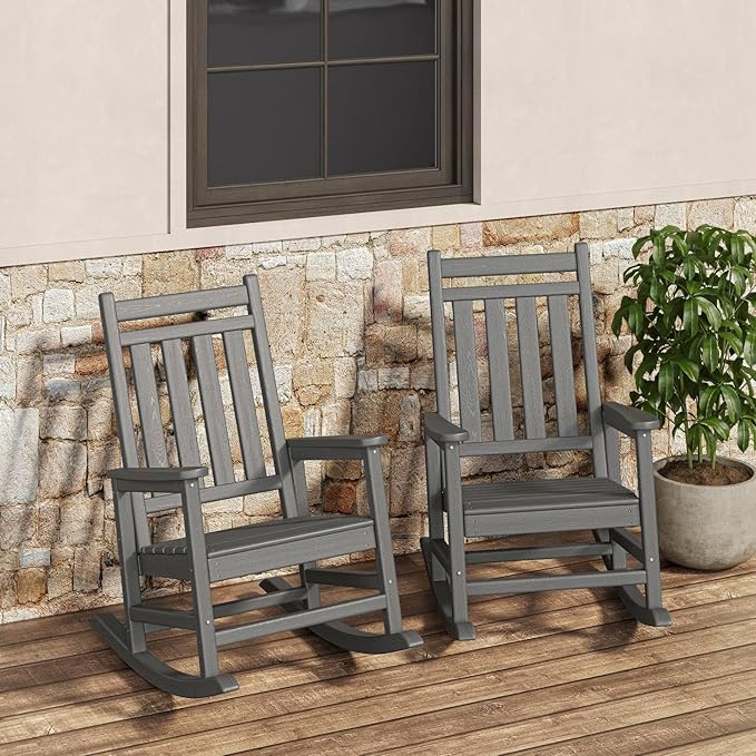 HDPE Rocking Chair Outdoor Set of 2 - Poly High Back Porch Rocker Chairs for Adults - All Weather Resistant Furniture for Patio Front Porch - Gray