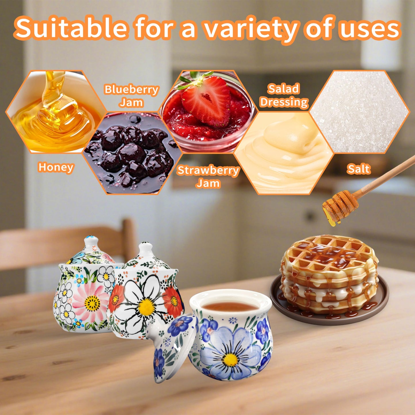 JUSONEY Ceramic Honey Pot with Dipper and Lid,10oz Handpainted Honey Dispenser with Flowers,No drip, Honey Jar Easy Clean(B)