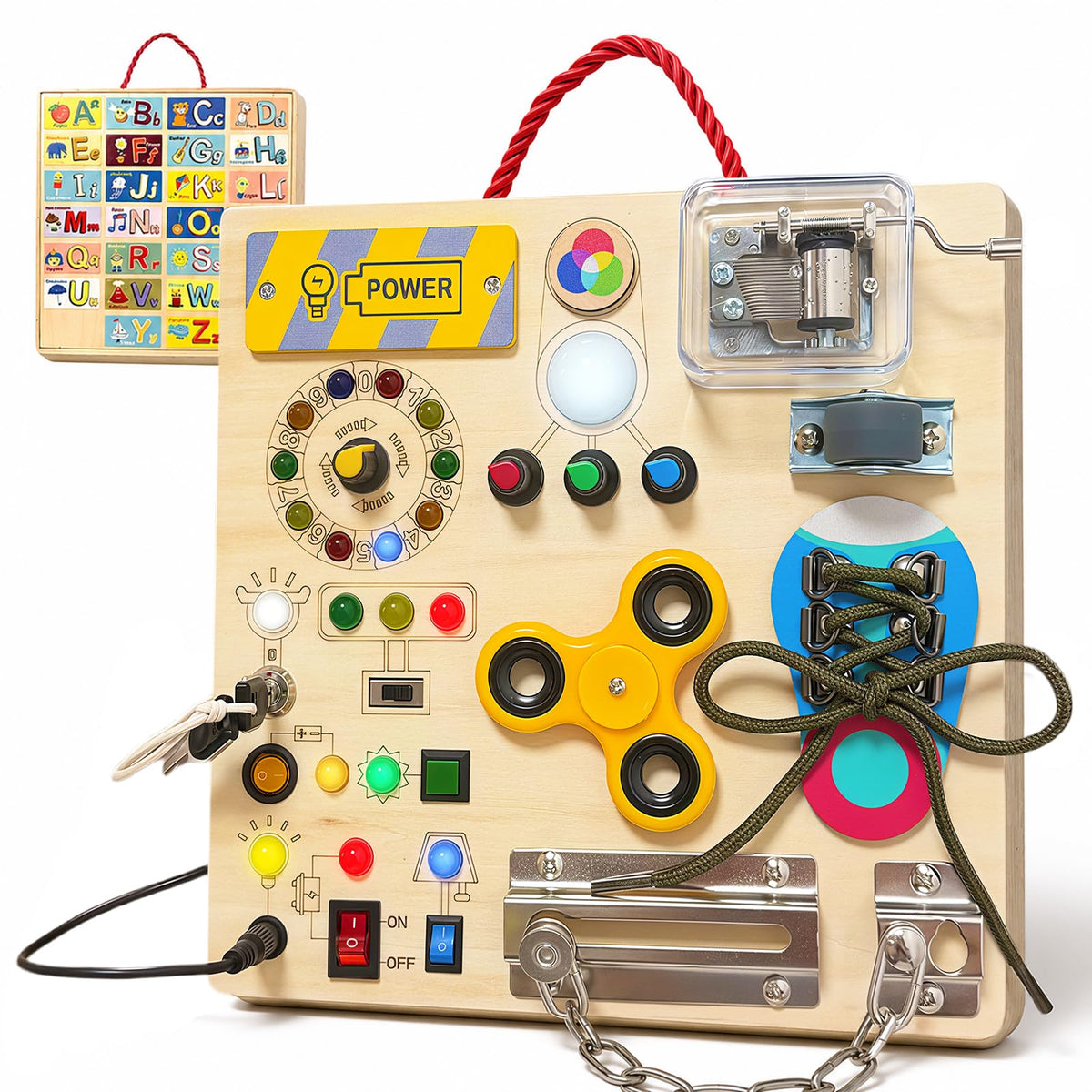 Busy Board with LED Light Switches, Montessori Toys for Toddlers 1-3, Wooden Sensory Activity Board, Travel Learning Toy for Boys & Girls, Educational Fidget Busy Board Gift for 1 2 3 Year Old Kids
