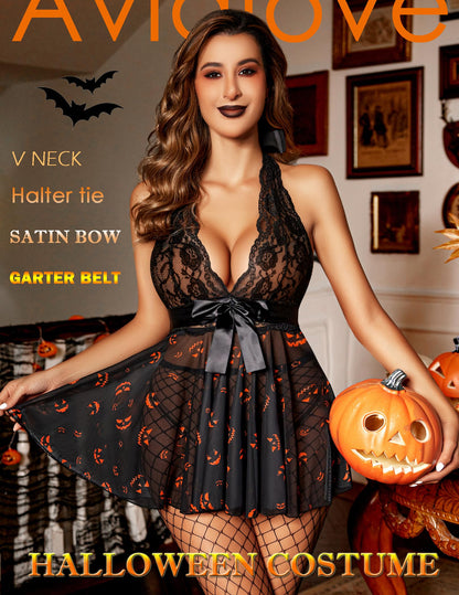 Avidlove Women's Lingerie Sexy Babydoll Sleepwear Halter V Neck Lace Chemise Halloween Graphic Lingerie L